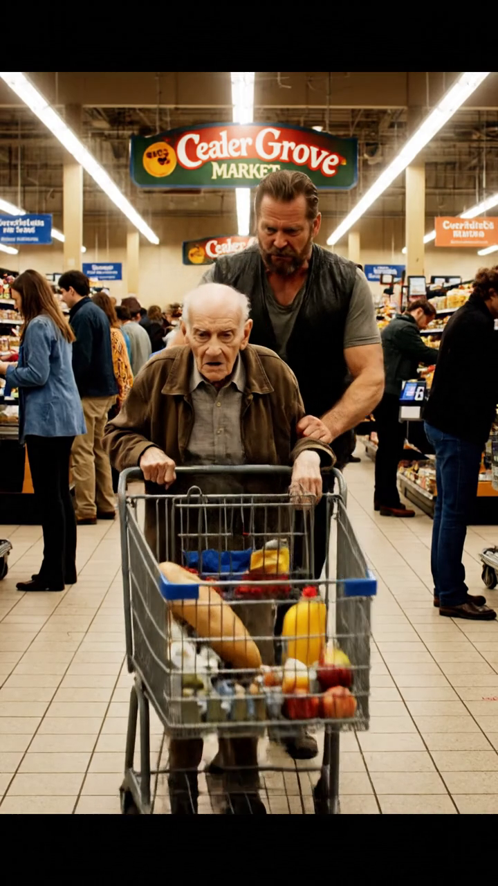 Un grand motard a soudainement sorti un vieil homme fragile d'une ligne de commande d'épicerie occupée, et la foule a immédiatement commencé à crier, l'accusant d'intimidation ignorant que les jambes tremblantes du vieil homme et la lutte silencieuse étaient des signes d'une urgence médicale que seul le motard avait remarqué. windowarab