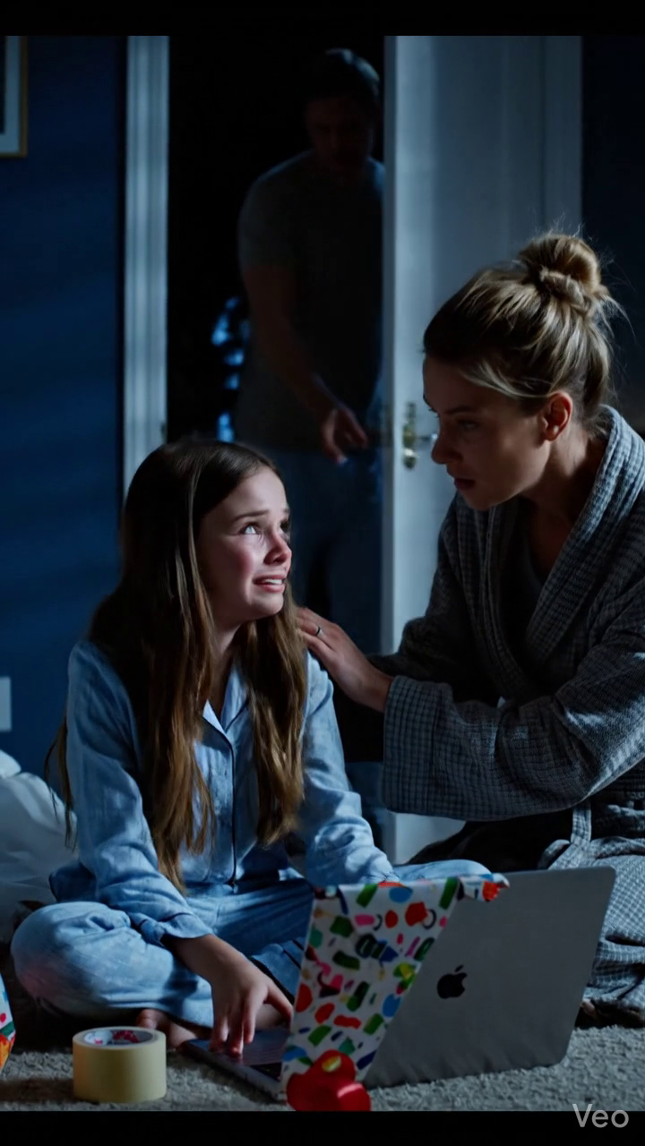 Scène nocturne avec éclairage de lampe chaude dans un confortable salon de banlieue. Une belle-mère aux cheveux rouges portant une veste verte foncée donne des conférences à une petite fille tenant une tablette près d'une table basse en bois. La fille a l'air effrayée et confuse. Sur un canapé de couleur crème, assis une grand-mère âgée, un jeune garçon à capuche rouge et une autre femme. Soudain le père apparaît dans la porte derrière eux et gèle, stupéfait. Tout le monde arrête de parler et la pièce devient silencieuse. Un moment familial dramatique, un réalisme cinématographique. Meilleures histoires quotidiennes