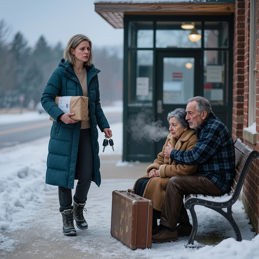 La veille de Noël, une mère veuve a vu un couple âgé se gèler sur un banc de la gare routière, embrayant deux valises usées et attendant le fils qui a promis, il s'occupera de tout. Elle les a ramenés à la maison pour un repas chaud, une nuit de sécurité, et un vrai Noël n'imaginant jamais que quelques jours plus tard, l'homme qui les a abandonnés se présenterait à sa porte d'entrée, exigeant, Je suis ici pour mes parents. Nouvelles