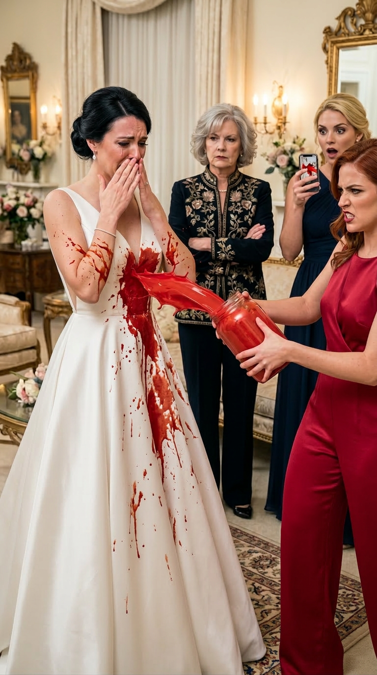 J'étais à quelques minutes de marcher dans l'allée quand ma sœur a levé un pot, souriant, et versé de la peinture à l'huile rouge sur toute ma robe de mariée. J'ai crié, Que fais-tu ? Puis ma mère m'a regardé mort dans les yeux et a dit, 