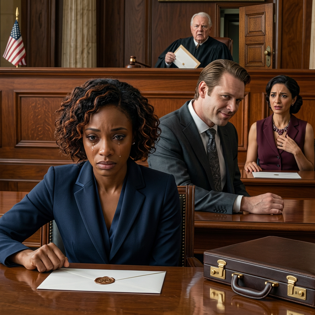 Au milieu de l'audience de divorce, mon mari se pencha et murmura : « Dorénavant, ne rêvez même pas de toucher un cent de mon argent, » sa maîtresse a frappé le diamant à son cou et m'a donné ce petit sourire pitié, ma belle-mère s'assit là comme si elle attendait de me voir sortir de leur vie, jusqu'à ce que le juge ouvre mon enveloppe, lise quelques lignes, et rit à haute voix. »C'est la meilleure chose que j'aie lu en 20 ans, » et c'est là que leur visage a finalement commencé à changer News