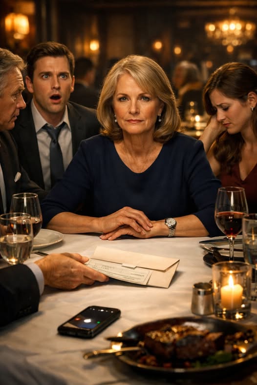 J'ai toujours laissé mon fils croire que j'étais juste une veuve tranquille vivant avec un budget serré. Alors, quand il m'a invité à dîner avec ses parents riches, je me suis envolé en souriant. Puis son père a glissé une enveloppe sur la table et a dit, Il est temps que vous avez arrêté d'embarrasser cette famille. Je l'ai ouvert, j'ai vu le chèque, et j'ai répondu calmement à mon téléphone. Je déciderai si Ryan garde son emploi lundi. Ils pensaient m'humilier. Ils ne savaient pas qui j'étais vraiment. Histoires vraies