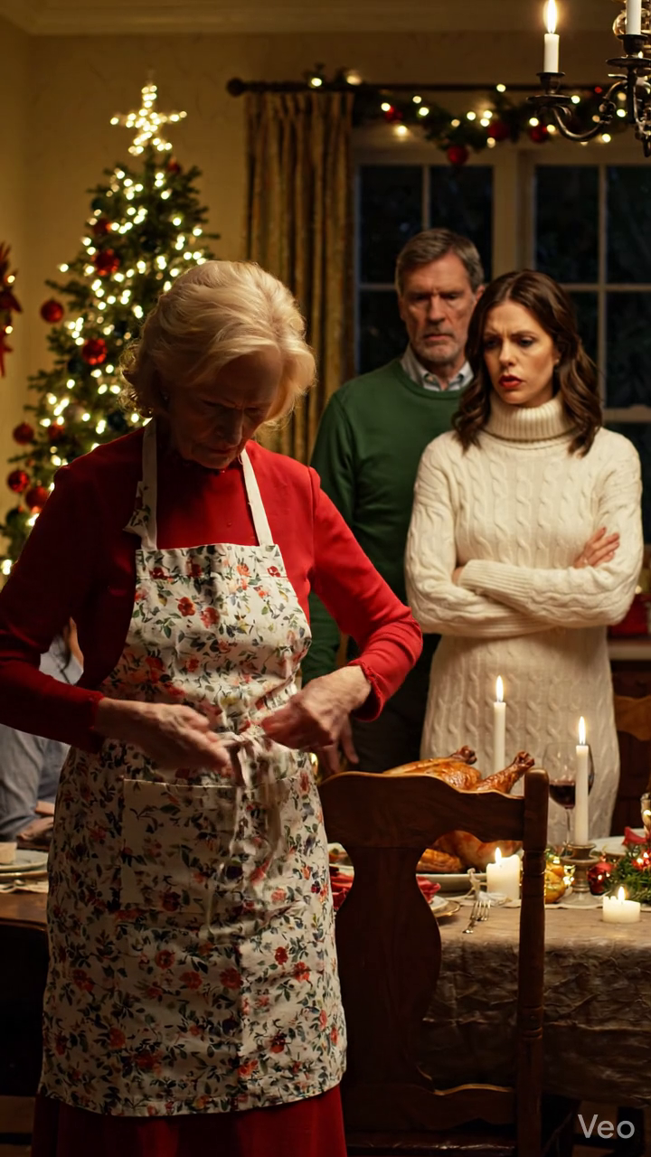 «Peut-être devriez-vous manger à l'étage,» ma belle-fille a dit calmement alors que j'étais sur le point de m'asseoir à la table de Noël, je me levais depuis 4 30 heures pour préparer et cuisiner. Mais c'était ma maison. J'ai donc enlevé mon tablier, je suis allé à la tête de la table, et j'ai fait quelque chose qui a fait taire tous ses invités.