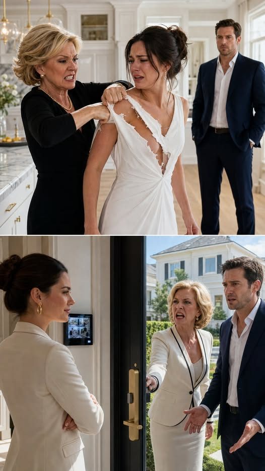 Quand ma belle-mère a déchiré ma robe blanche au milieu de ma cuisine, elle a crié : “Mon fils paie tout dans cette maison !” Mon mari se tenait à côté d’elle et ne disait rien. Pas un mot. Alors le lendemain matin, quand sa clé n’ouvrit plus ma porte d’entrée, j’ai regardé à travers la caméra de sécurité et chuchoté, “Patricia, cette maison n’a jamais été la sienne.” Et ce n’était que le premier mensonge que j’ai exposé. Histoires vraies