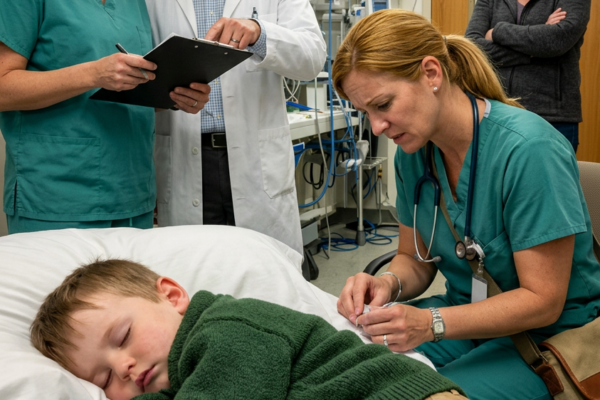 Le garçon au pull bleu surdimensionné — « Il a juste continué à dormir », a dit calmement la mère, jusqu’à ce que les médecins ouvrent le dossier et réalisent que le sommeil avait été sa seule évasion