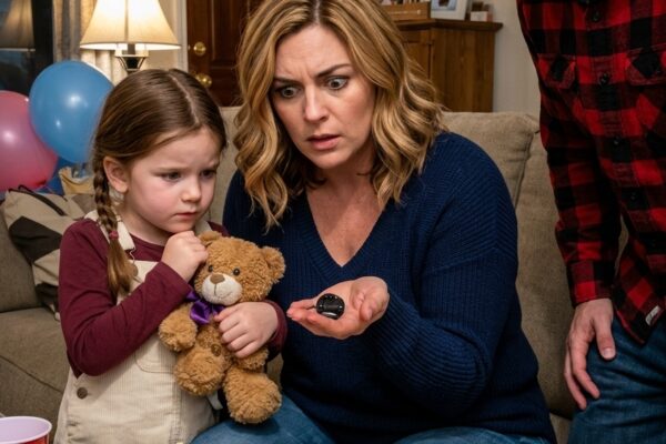 Ma fille a serré dans ses bras l’ours en peluche que ses grands-parents lui avaient envoyé par courrier pour son sixième anniversaire – « C’est croustillant à l’intérieur, maman », a-t-elle murmuré, et quand j’ai ouvert la couture après la fête, un tracker noir clignotant s’est glissé dans ma main… et soudain, chaque visite « utile » qu’ils avaient faite ressemblait à une surveillance.